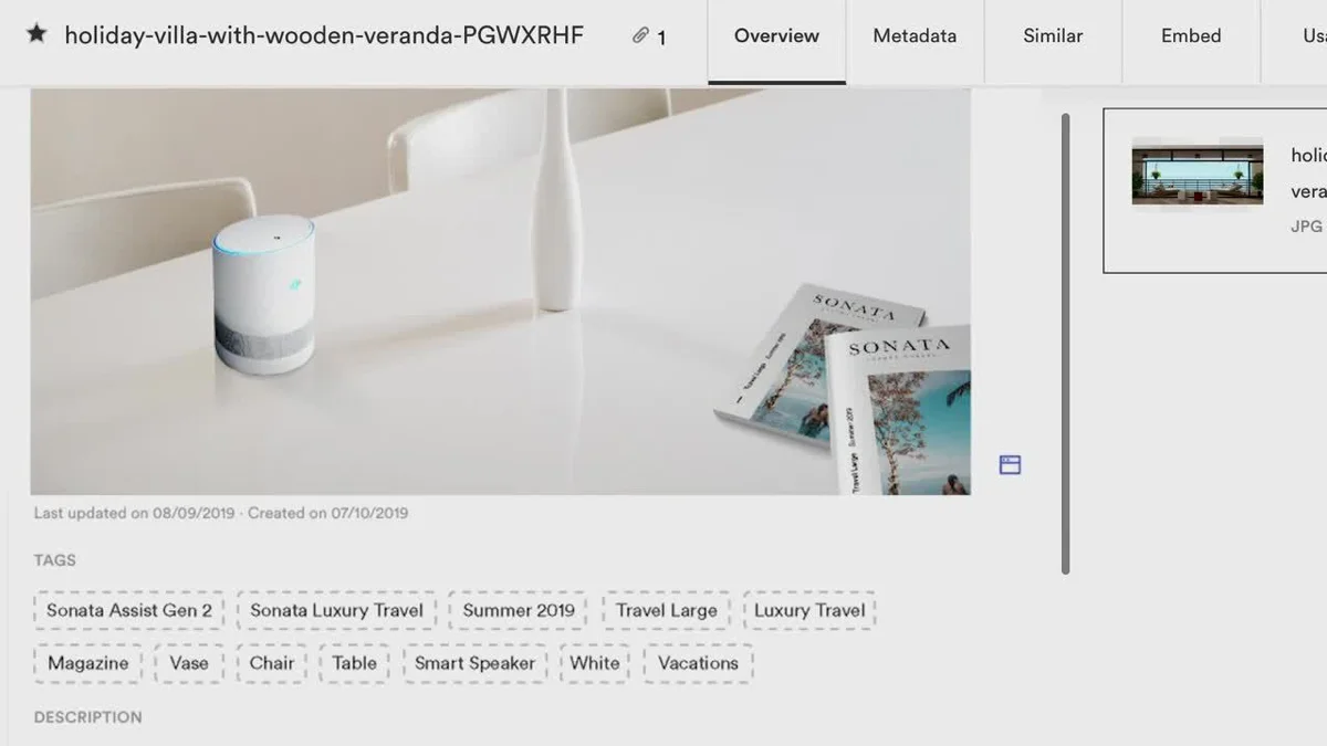 Brandfolder asset detail view with Overview, Metadata, Similar, Embed and Usage tabs, plus tags and metadata