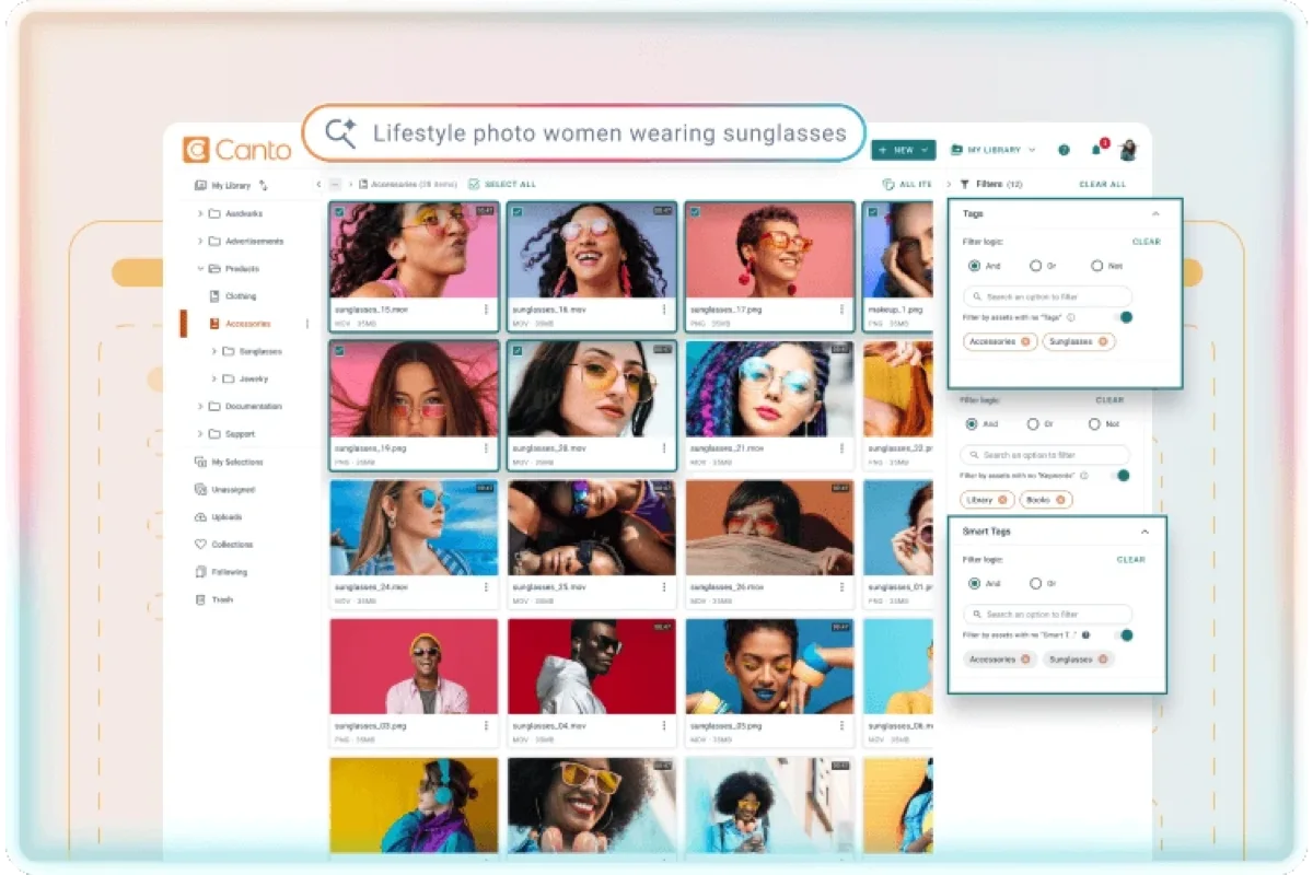 Canto library with folder tree, natural-language search and Smart Tags panels