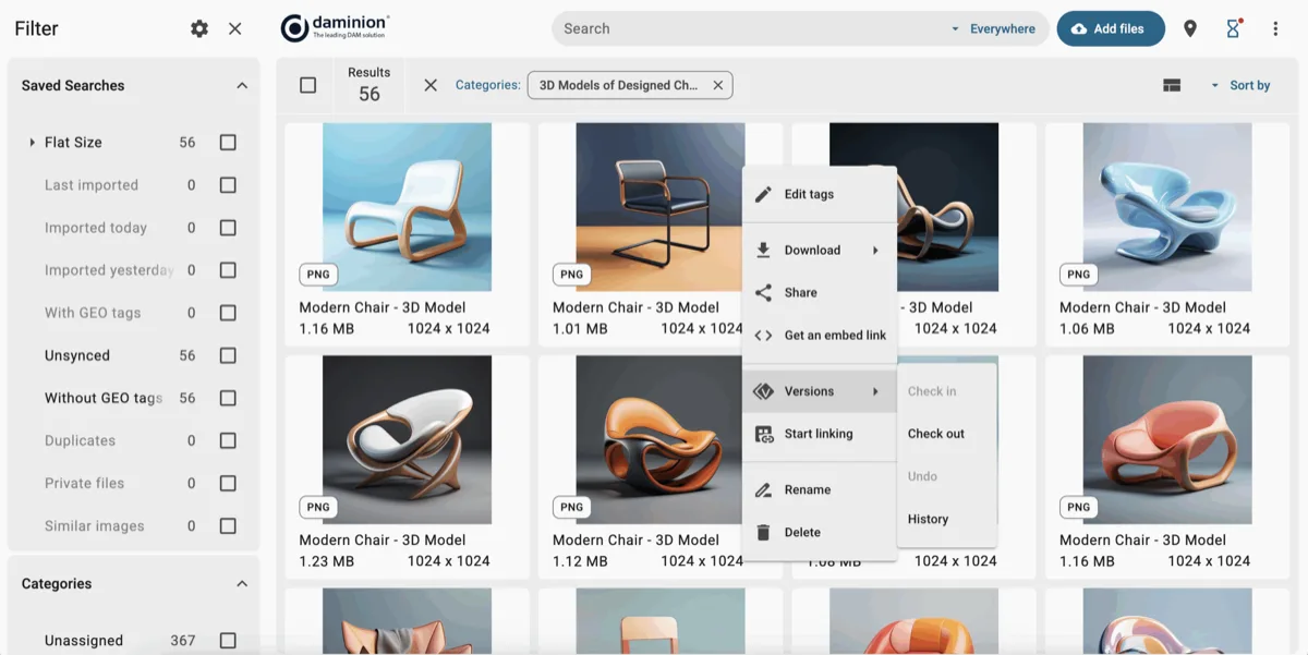 Daminion showing a 3D asset preview alongside photo and CAD thumbnails