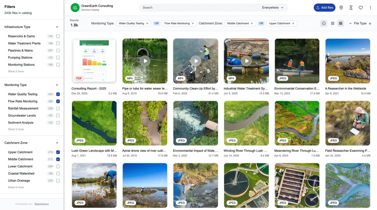 Daminion photo library with folder tree, thumbnails and metadata inspector
