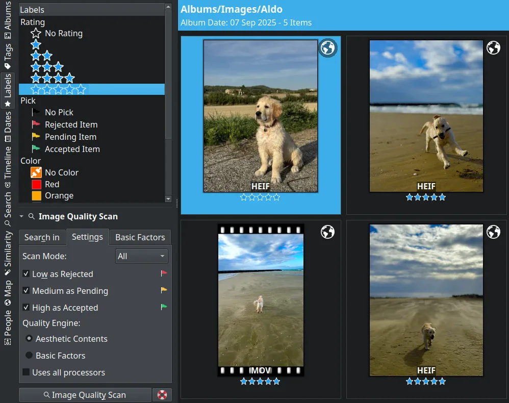 digiKam album view with a labels and rating sidebar, image quality scan panel and a thumbnail grid