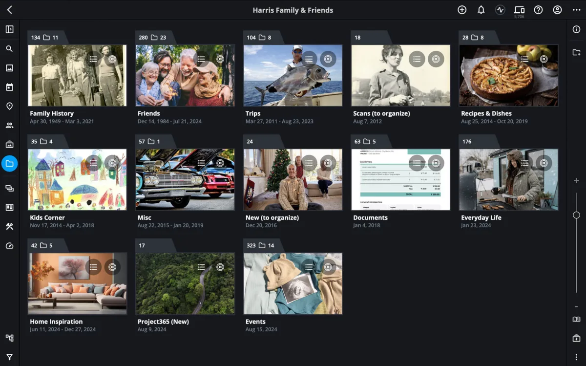 Mylio Photos library shown as dated category tiles with a left toolbar and zoom slider