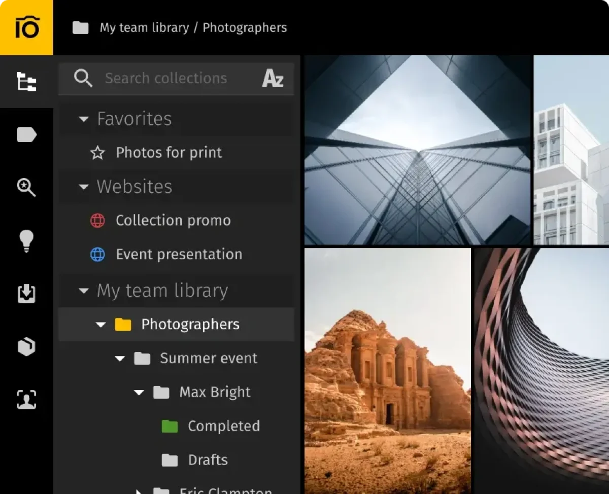 Pics.io interface: left collection tree (Favorites, Websites, team library folders) beside a thumbnail grid of assets