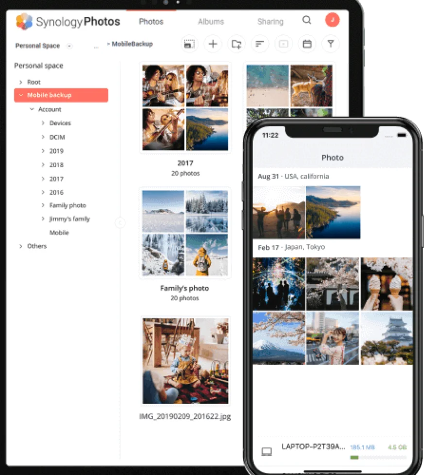 Synology Photos folder tree (Personal space, Mobile backup, Account, Devices) beside a year-grouped photo grid and mobile timeline view